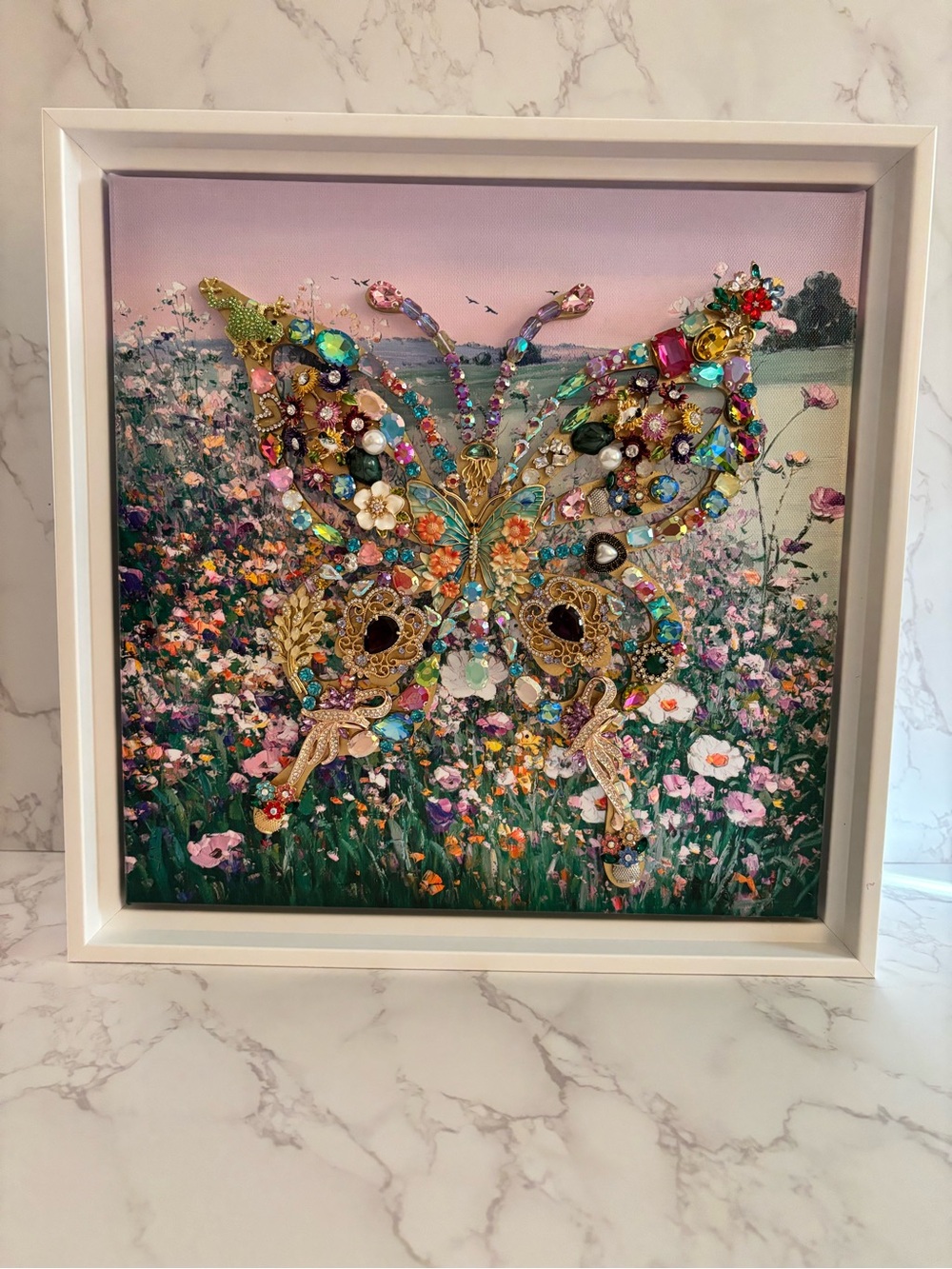 Embellished Butterfly Jewel Art on Floral Canvas